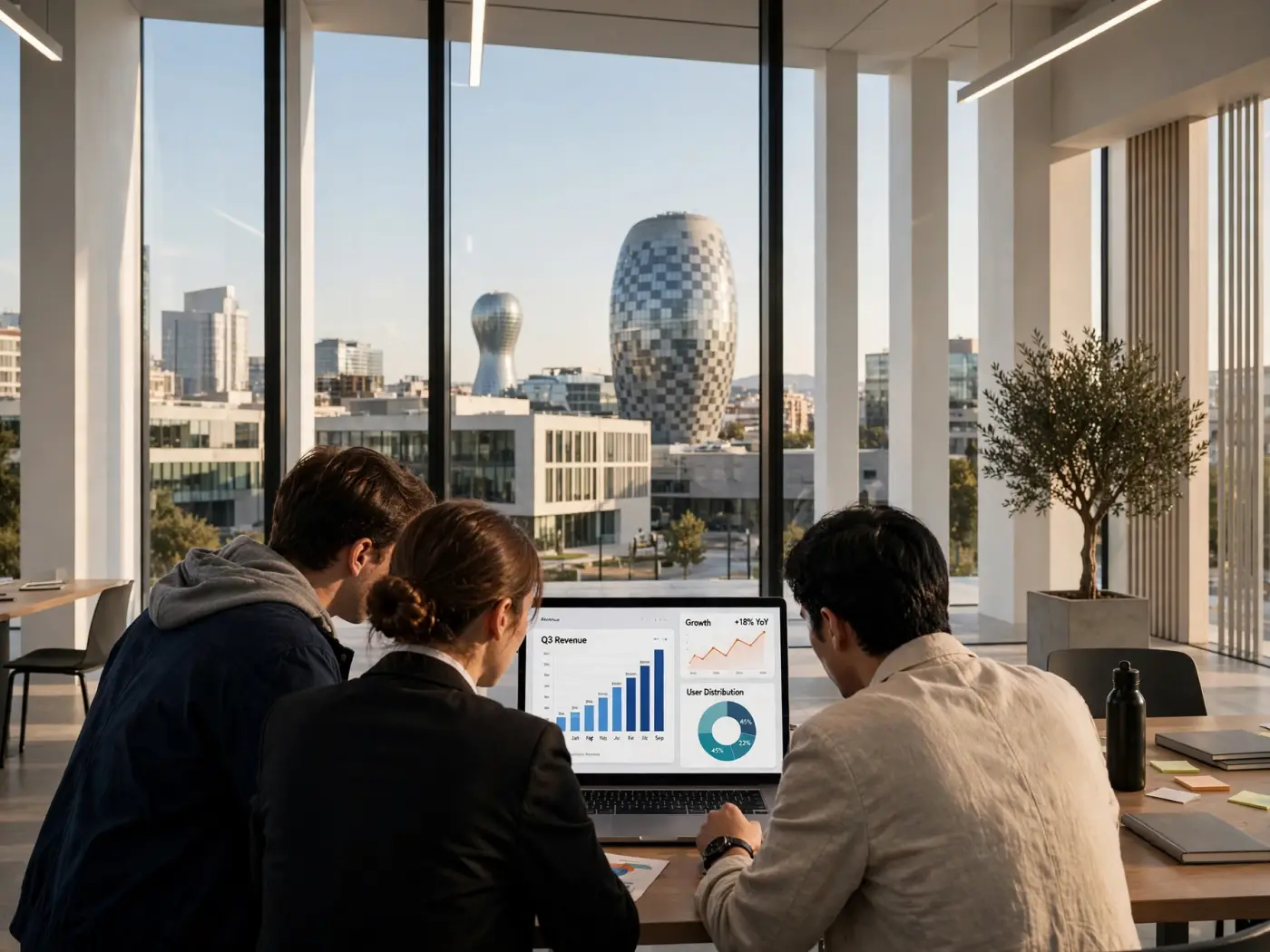 Grupo de profesionales revisando gráficos financieros en una oficina moderna de Barcelona