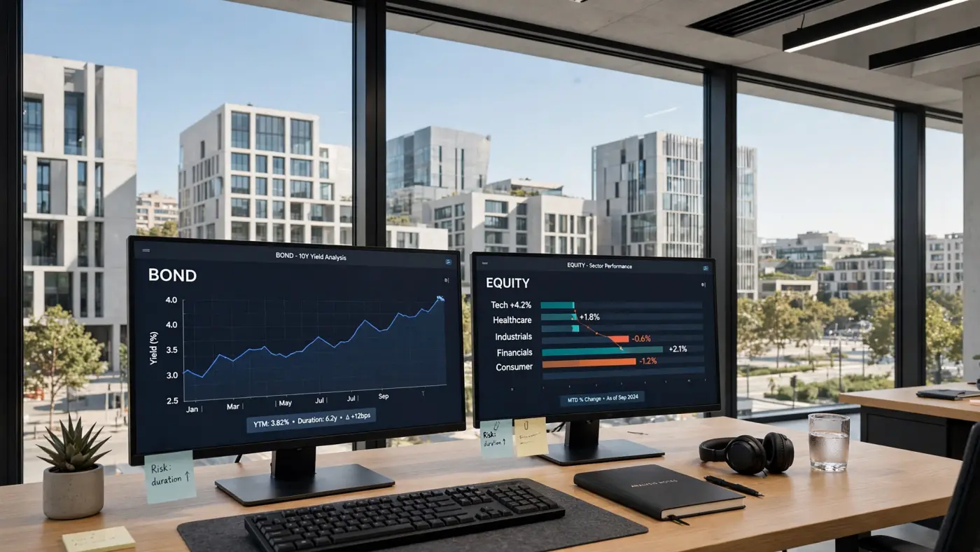 Espacio de trabajo de análisis con monitores mostrando gráficos conceptuales de renta fija y variable
