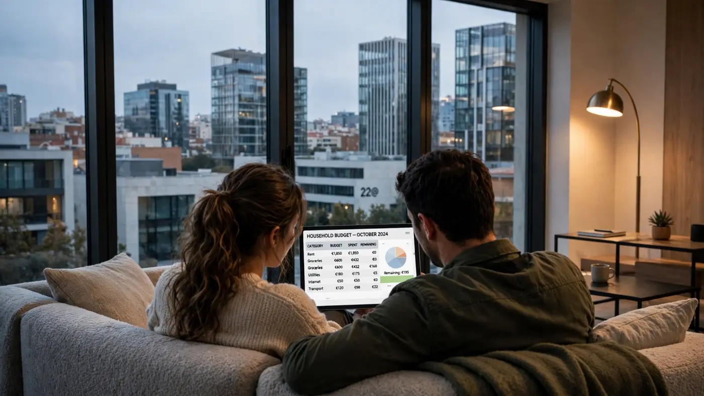Pareja revisando un presupuesto familiar en una tableta desde el sofá